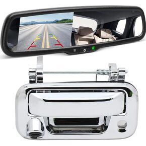 EWAY Tailgate Latch Handle Chrome Backup Reverse Camera with 4.3" Rear View Mirror Monitor Kit for 2004-2016 Ford F150 F250 F350 F450 F550 Super Duty, Rearview Reversing Interior Mirror Replacement