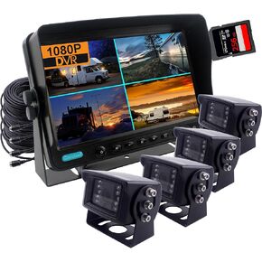9 inch Monitor 1080P Rear View Camera System with Wired, DVR Recorder, Support 256GB SD Card, 4 Channel Input, Quad Split Screen, 1080P Backup Camera for Trucs, Trailer, Motorhome, Caravans