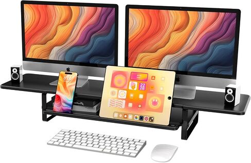 Dual Monitor Stand Riser, 2-Tier Desktop Shelf with Phone Holder, Cable Management, Storage Organizer, Black (Black) in Saudi Arabia