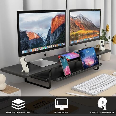 Dual Monitor Stand Riser, 2-Tier Desktop Shelf with Phone Holder, Cable Management, Storage Organizer, Black (Black) in Saudi Arabia