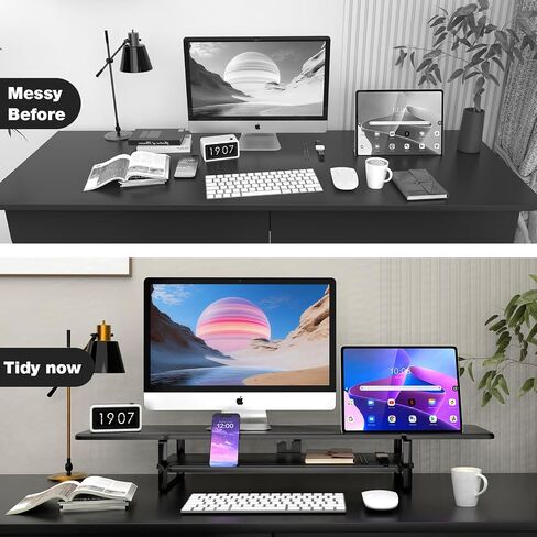 Dual Monitor Stand Riser, 2-Tier Desktop Shelf with Phone Holder, Cable Management, Storage Organizer, Black (Black) in Saudi Arabia
