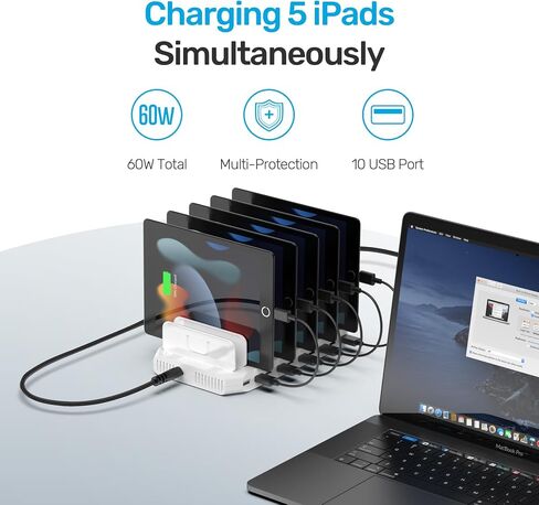 Unitek Multi Charging Station ، شاحن USB 10 شاحن لجهاز متعددة مع تقنية ذكية ومقاطعات قابلة للتعديل ، موقف منظم متوافق مع iPad ، الكمبيوتر اللوحي ، Kindle ، iPhone in Saudi Arabia