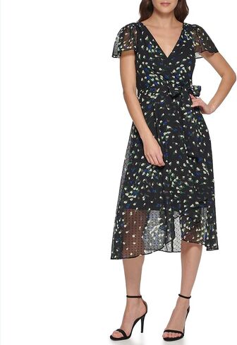 DKNY Women's Flutter Sleeve Fuax Wrap Dress in Saudi Arabia