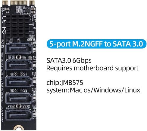 JMT 1Piece M.2 to SATA 3.0 Expansion Card M2 M-EKY PCI-E 5/6 Port SATA3.0 6Gbps / 16Gbps Converter for NVME NGFF to SATA SSD Adapter Card (for NVME to 5port SATA) in Saudi Arabia