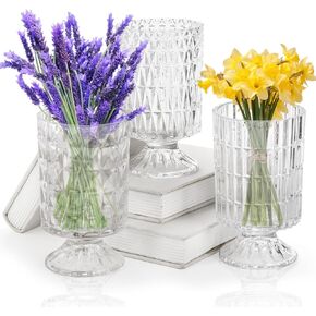 3 Pack Embossed Big Base Vase, 7" Crystal Glass Vase, Hydroponic Green Plant Vase, Transparent Flower Vase with Ribbed Pattern for Wedding, Dining Table Centerpieces, Home Decor, Office, Party