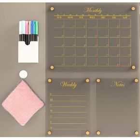 Luxury Acrylic Magnetic Calendar for Refrigerator | Acrylic Calendar for Fridge 12"x16" | 3 Fridge Calendars with Gold Magnets (Monthly, Weekly, and General Notes) | Acrylic Calendar for Wall