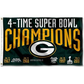 Green Bay Packers 4X and 4 Time Super Bowl Champions Flag Outdoor Indoor 3x5 Foot Banner