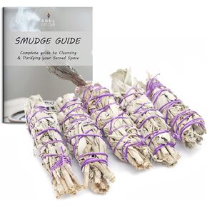 Soul Sticks 5 Pack Mini White Sage Smudge Smudging Sticks 4 Inch Long 1 Inch Thick for Home Cleansing, Meditation, & Smudging Rituals with Smudging Guide | Sustainably Sourced in California, Set of 5