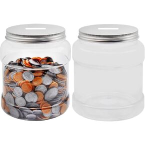 2 Pack Large Clear Coin Bank Jar with Slotted Lid, Big Plastic Money Tip Change Savings Coin Jar for Coins or Raffle Ticket, Clear Money Coin Tip Piggy Change Bank Box for Adults Teens Kids