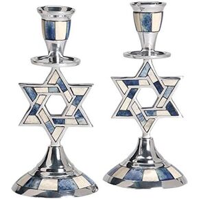 Aluminum Shabbat Star of David Candlesticks with Blue and White Decorative Inlay/Set of 2 in Saudi Arabia