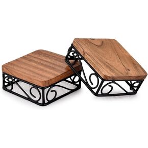 Riser Tabletop Square Dessert Stand Risers with Rustic Brown Wood Top Shelf and Metal Wire Base, Set of 2 ( 4" x 4" x 1.75")