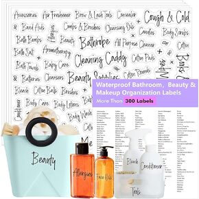 Hebayy 300+ Bathroom Labels, Include Over 265 Preprinted Bathroom, Beauty & Makeup Stickers and 36 Blank Ones, Waterproof/Oil/Tear Resistant No Residue Cursive Bathroom Stickers