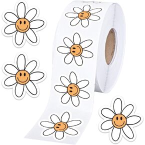 Whaline 1000Pcs Boho Daisy Stickers White Smile Daisy Shaped Roll Stickers Hippie Groovy Flower Self-Adhesive Decals Retro Style Sealing Labels for Gifts Scrapbook Party Decor Accessories