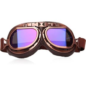 Vintage Motorcycle Goggles for Men and Women,Retro Leather Steam Punk Style Dust Proof Aviator Pilot Goggles,Motocross Bike Riding Accessories for Adult (Brown, Blue)