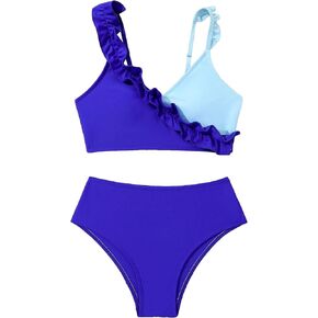 WDIRARA Girl's 2 Piece Colorblock Ruffle Hem Swimwear Set Frill Trim Swimsuit Set Summer Bathing Suit