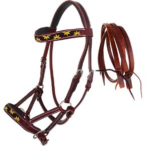 Horse Western Leather Beaded Bitless Sidepull Bridle Reins Sun Flower 77RS24