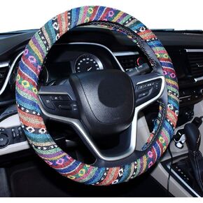SHIAWASENA Car Steering Wheel Cover, Coarse Flax Cloth, Ethnic Style, Universal 15 Inch Fit, Anti-Slip Sweat-Absorbent (1#)