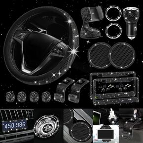 Diamond Leather Steering Wheel Cover for Women, Universal Fit 15 Inch, 2 Glitter Rhinestone License Plate Frames, Crystal Hooks, Bling Car Phone Holder Mount, 15 Premium Car Accessories Set for Women