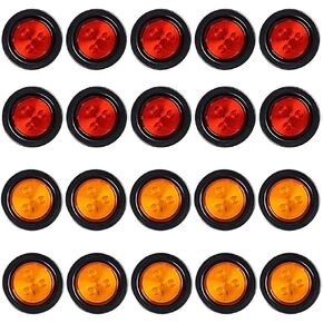 Astra Depot Trailer Truck 12V 4-LED 2.5" Round 10pcs Red Brake Running Tail Lights + 10pcs Amber Turn Signal Side Marker Lamps