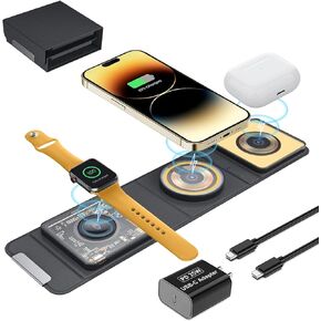 Mag-Safe 3 in 1 Charging Station for Apple, [with 25W Adapter] Foldable Magnetic Wireless Charger, 15W Fast Charging Pad Travel Charger for Multple Devices for iPhone 15 14 13 12, Apple Watch, AirPods