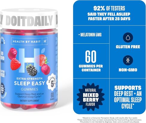 مكمل النوم Health By Habit (60 علكة) - 5 ملغ من الميلاتونين، يدعم النوم العميق المريح والاسترخاء والهدوء، نكهة التوت المختلطة، نباتي، خالي من الغلوتين، غير معدّل وراثيًا in Saudi Arabia