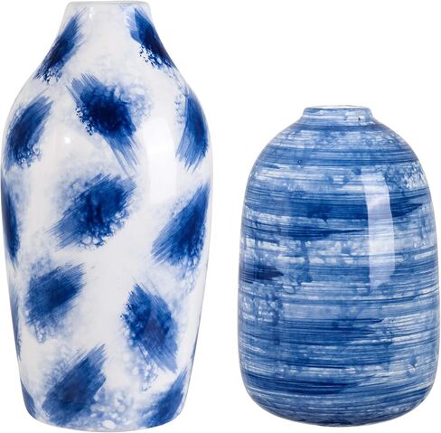 TERESA'S COLLECTIONS Blue and White Vases for Home Decor, Modern Navy Ceramic Vase for Flowers, Decorative Vases for Mantel, Living Room, Fireplace, Ideal Gifts for Mothers Day and Mom-Set of 2, 8" in Kuwait