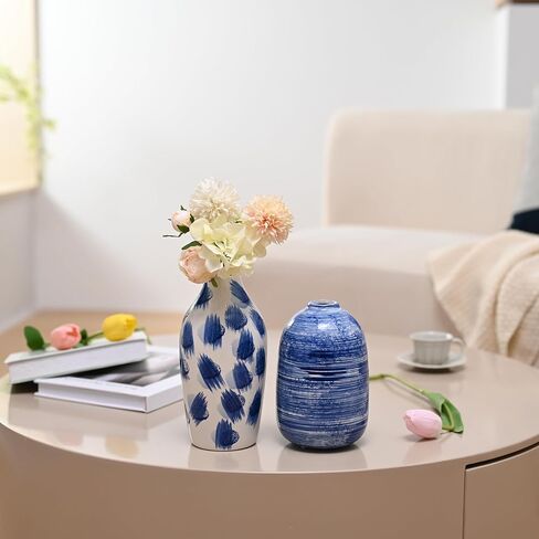 TERESA'S COLLECTIONS Blue and White Vases for Home Decor, Modern Navy Ceramic Vase for Flowers, Decorative Vases for Mantel, Living Room, Fireplace, Ideal Gifts for Mothers Day and Mom-Set of 2, 8" in Kuwait