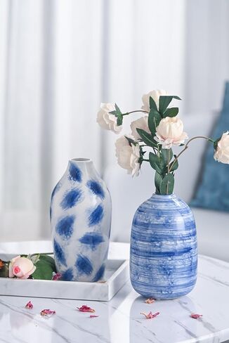 TERESA'S COLLECTIONS Blue and White Vases for Home Decor, Modern Navy Ceramic Vase for Flowers, Decorative Vases for Mantel, Living Room, Fireplace, Ideal Gifts for Mothers Day and Mom-Set of 2, 8" in Kuwait