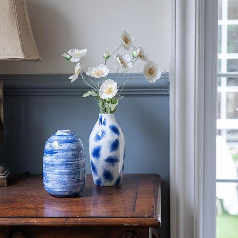 TERESA'S COLLECTIONS Blue and White Vases for Home Decor, Modern Navy Ceramic Vase for Flowers, Decorative Vases for Mantel, Living Room, Fireplace, Ideal Gifts for Mothers Day and Mom-Set of 2, 8" in Kuwait