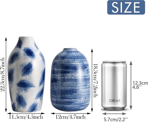 TERESA'S COLLECTIONS Blue and White Vases for Home Decor, Modern Navy Ceramic Vase for Flowers, Decorative Vases for Mantel, Living Room, Fireplace, Ideal Gifts for Mothers Day and Mom-Set of 2, 8" in Kuwait