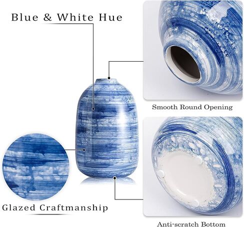 TERESA'S COLLECTIONS Blue and White Vases for Home Decor, Modern Navy Ceramic Vase for Flowers, Decorative Vases for Mantel, Living Room, Fireplace, Ideal Gifts for Mothers Day and Mom-Set of 2, 8" in Kuwait