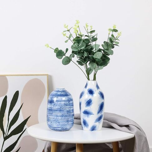 TERESA'S COLLECTIONS Blue and White Vases for Home Decor, Modern Navy Ceramic Vase for Flowers, Decorative Vases for Mantel, Living Room, Fireplace, Ideal Gifts for Mothers Day and Mom-Set of 2, 8" in Kuwait
