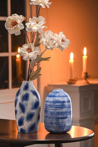 TERESA'S COLLECTIONS Blue and White Vases for Home Decor, Modern Navy Ceramic Vase for Flowers, Decorative Vases for Mantel, Living Room, Fireplace, Ideal Gifts for Mothers Day and Mom-Set of 2, 8" in Kuwait