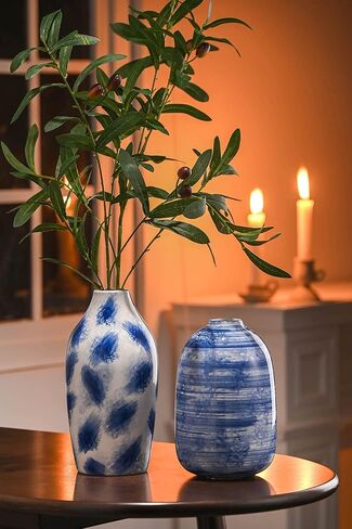 TERESA'S COLLECTIONS Blue and White Vases for Home Decor, Modern Navy Ceramic Vase for Flowers, Decorative Vases for Mantel, Living Room, Fireplace, Ideal Gifts for Mothers Day and Mom-Set of 2, 8" in Kuwait