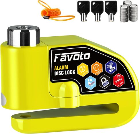 Favoto Alarm Disc Lock, 110 dB Waterproof Anti-Theft Security Brake Padlock, 7mm Lock Pin with Reminder Cable, Fit for Motorcycle E-Bike Bicycle Mobility Scooter, 2 Keys and 6 Batteries in Saudi Arabia
