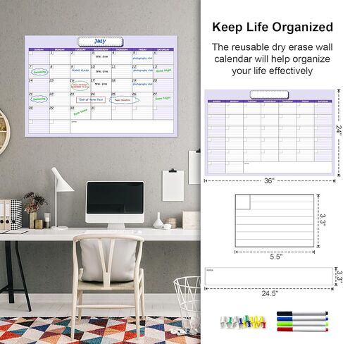 تقويم سبورة بيضاء كبيرة جدًا مقاس 24 بوصة × 36 بوصة للمسح الجاف للجدار، تقويم سبورة بيضاء مصفح جامبو قابل للمسح لمدة شهر واحد، ملصق كبير الحجم فارغ لمدة 30 يومًا مع خطوط ومربعات in Kuwait