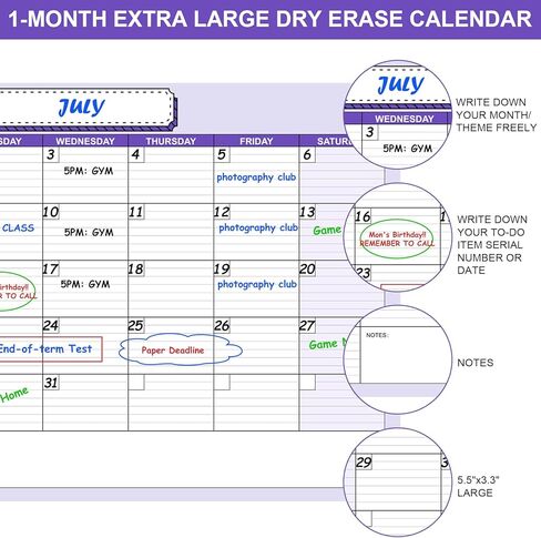 تقويم سبورة بيضاء كبيرة جدًا مقاس 24 بوصة × 36 بوصة للمسح الجاف للجدار، تقويم سبورة بيضاء مصفح جامبو قابل للمسح لمدة شهر واحد، ملصق كبير الحجم فارغ لمدة 30 يومًا مع خطوط ومربعات in Kuwait
