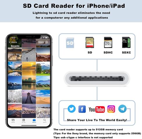 [معتمد من Apple MFi] قارئ كاميرا Lightning إلى SD لأجهزة iPhone iPad، محول بطاقة SD لقارئ بطاقات الذاكرة Trail Camera Viewer متوافق مع iPhone 14/13/12/11/XS/XR/X/8/7، التوصيل والتشغيل in Kuwait