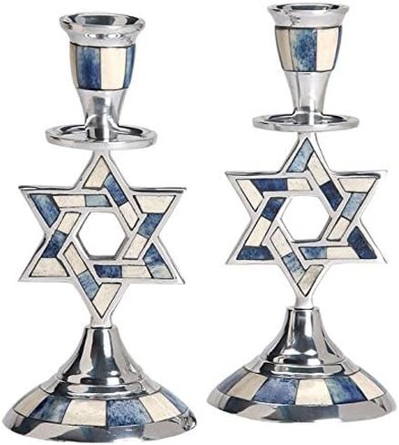 Aluminum Shabbat Star of David Candlesticks with Blue and White Decorative Inlay/Set of 2 in Saudi Arabia