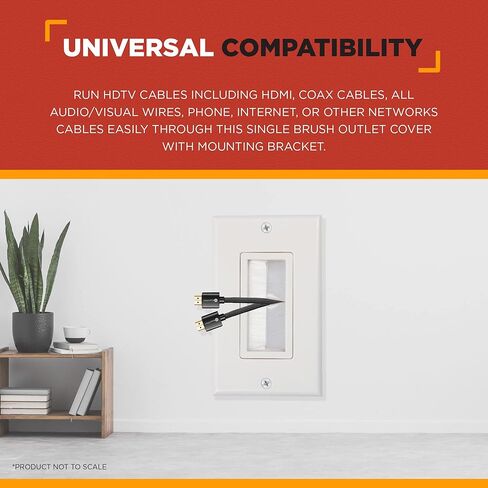لوحة حائط بفرشاة واحدة من نقطة المشتري | غطاء منفذ مدرج من UL مع دعامة تثبيت، خافي عيوب سلك مثالي للتلفزيون المثبت على الحائط، وأجهزة الكمبيوتر المخصصة للألعاب وأنظمة المسرح المنزلي (أبيض/عاجي) - عبوة واحدة in Kuwait