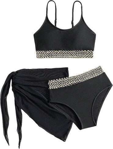 OYOANGLE Girl's 3 Piece Bikini Set Contrast Trim High Waist Swimsuit with Knot Side Beach Skirts Cover Up in Saudi Arabia