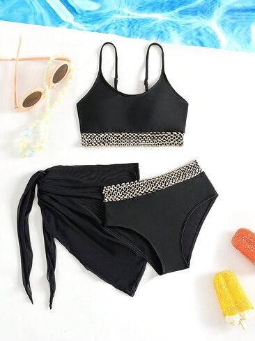 OYOANGLE Girl's 3 Piece Bikini Set Contrast Trim High Waist Swimsuit with Knot Side Beach Skirts Cover Up in Saudi Arabia