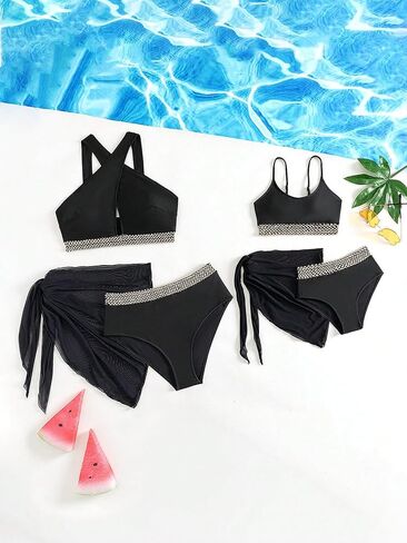 OYOANGLE Girl's 3 Piece Bikini Set Contrast Trim High Waist Swimsuit with Knot Side Beach Skirts Cover Up in Saudi Arabia
