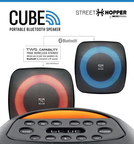 مكبر صوت بلوتوث محمول للحفلات SOUNDSTREAM مع صوت جهير عميق عالٍ، زوج 2 مع مكبر صوت ستيريو لاسلكي حقيقي (TWS)، قابل لإعادة الشحن والتحكم في النغمات، مزامنة عرض أضواء RGB ووقت تشغيل 6 ساعات عند ذروة 80 واط in Kuwait