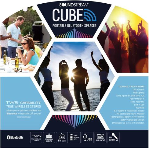 مكبر صوت بلوتوث محمول للحفلات SOUNDSTREAM مع صوت جهير عميق عالٍ، زوج 2 مع مكبر صوت ستيريو لاسلكي حقيقي (TWS)، قابل لإعادة الشحن والتحكم في النغمات، مزامنة عرض أضواء RGB ووقت تشغيل 6 ساعات عند ذروة 80 واط in Kuwait