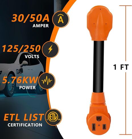سلك محول شاحن NEMA 14-30P إلى 14-50R EV، مجفف 30 أمبير إلى 50 أمبير EV لشحن مستوى تيسلا 2، محول تحويل شحن EV، 1 قدم in Kuwait