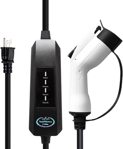 شاحن EV، شاحن EV محمول من المستوى 1 و2، شاحن سيارة كهربائي، كابل شحن EVSE، آمن معتمد، 110 فولت - 240 فولت، 16 أمبير، مناسب لجميع J1772 EVs (قابس NEMA5-15، محول 6-20P، أبيض، كابل 26 قدم) in Kuwait