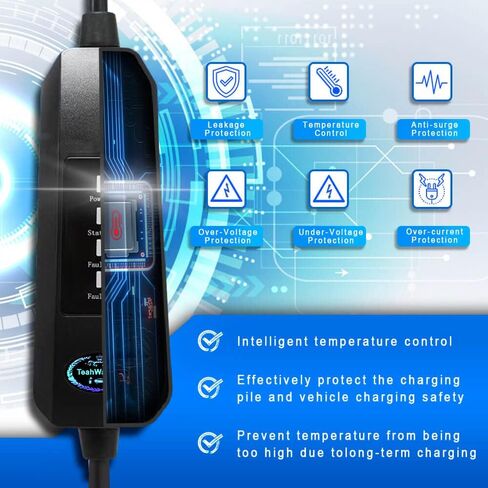 شاحن EV، شاحن EV محمول من المستوى 1 و2، شاحن سيارة كهربائي، كابل شحن EVSE، آمن معتمد، 110 فولت - 240 فولت، 16 أمبير، مناسب لجميع J1772 EVs (قابس NEMA5-15، محول 6-20P، أبيض، كابل 26 قدم) in Kuwait