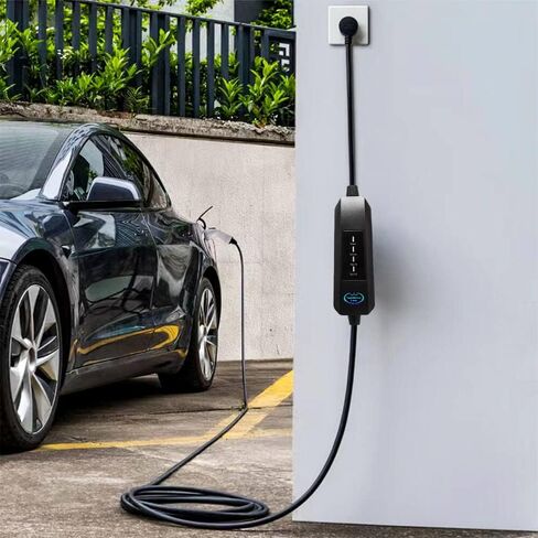 شاحن EV، شاحن EV محمول من المستوى 1 و2، شاحن سيارة كهربائي، كابل شحن EVSE، آمن معتمد، 110 فولت - 240 فولت، 16 أمبير، مناسب لجميع J1772 EVs (قابس NEMA5-15، محول 6-20P، أبيض، كابل 26 قدم) in Kuwait