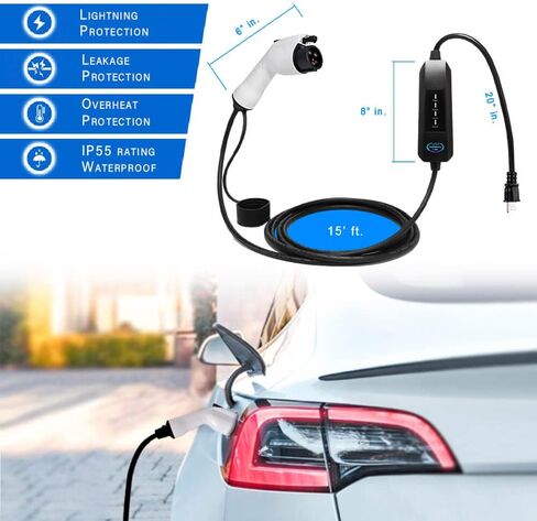 شاحن EV، شاحن EV محمول من المستوى 1 و2، شاحن سيارة كهربائي، كابل شحن EVSE، آمن معتمد، 110 فولت - 240 فولت، 16 أمبير، مناسب لجميع J1772 EVs (قابس NEMA5-15، محول 6-20P، أبيض، كابل 26 قدم) in Kuwait